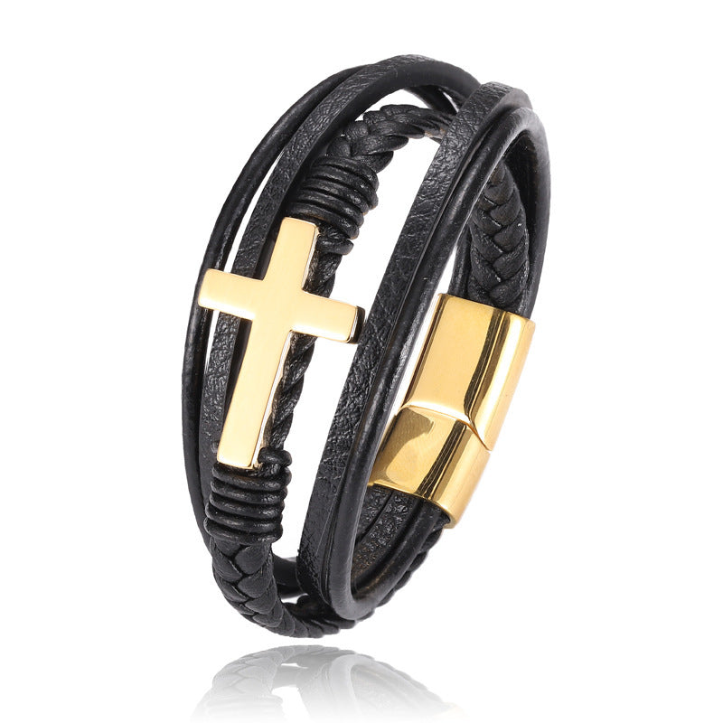 Men's Leather Cross Bracelet - SWAGYLE