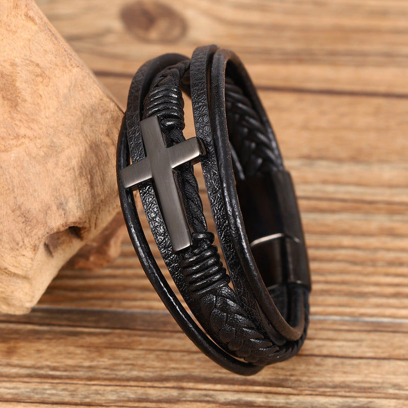 Men's Leather Cross Bracelet - SWAGYLE