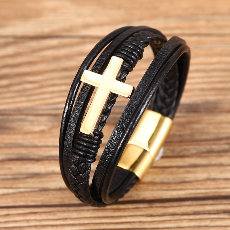 Men's Leather Cross Bracelet - SWAGYLE