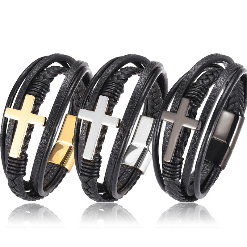 Men's Leather Cross Bracelet - SWAGYLE