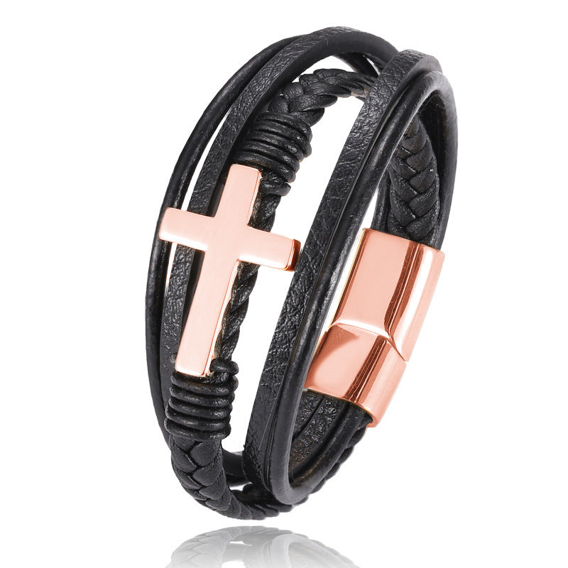 Men's Leather Cross Bracelet - SWAGYLE